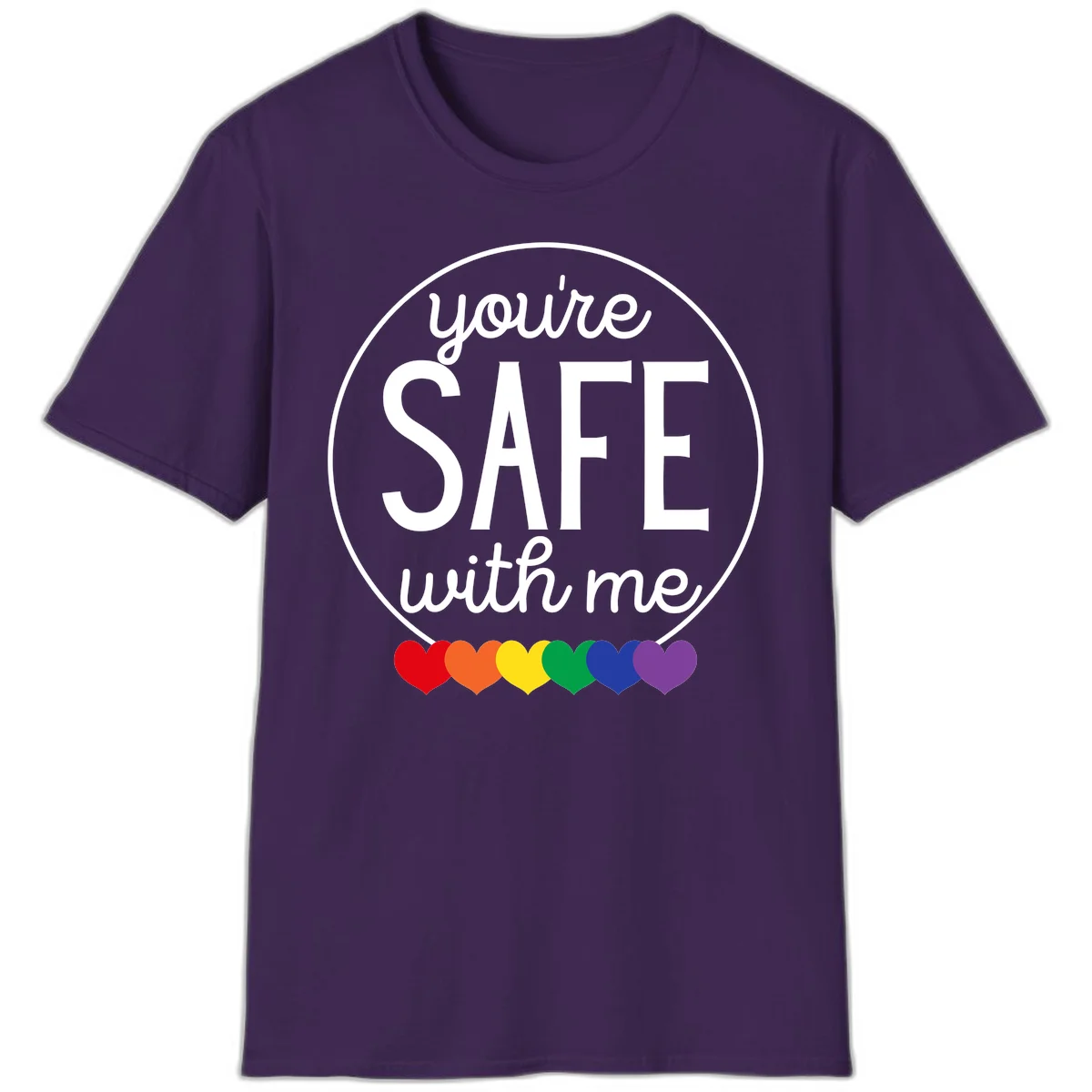 Circular badge with 'you're SAFE with me' text and rainbow pride hearts, promoting inclusive safe space message in Purple