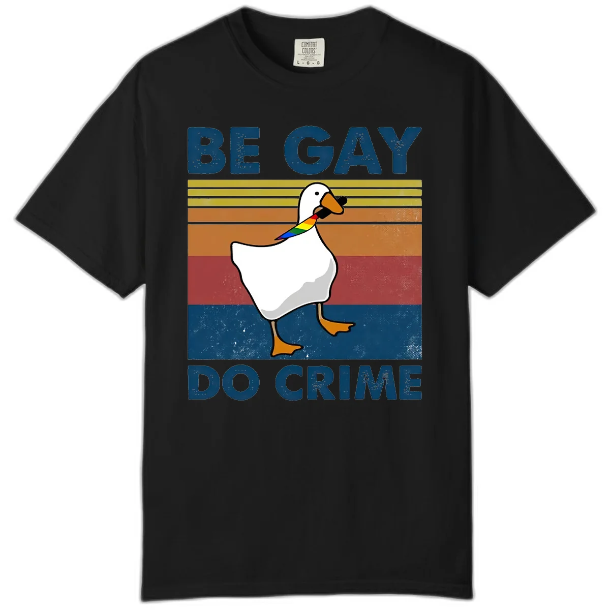 White duck with rainbow wing on retro striped background with 'Be Gay Do Crime' text, pride design in Black