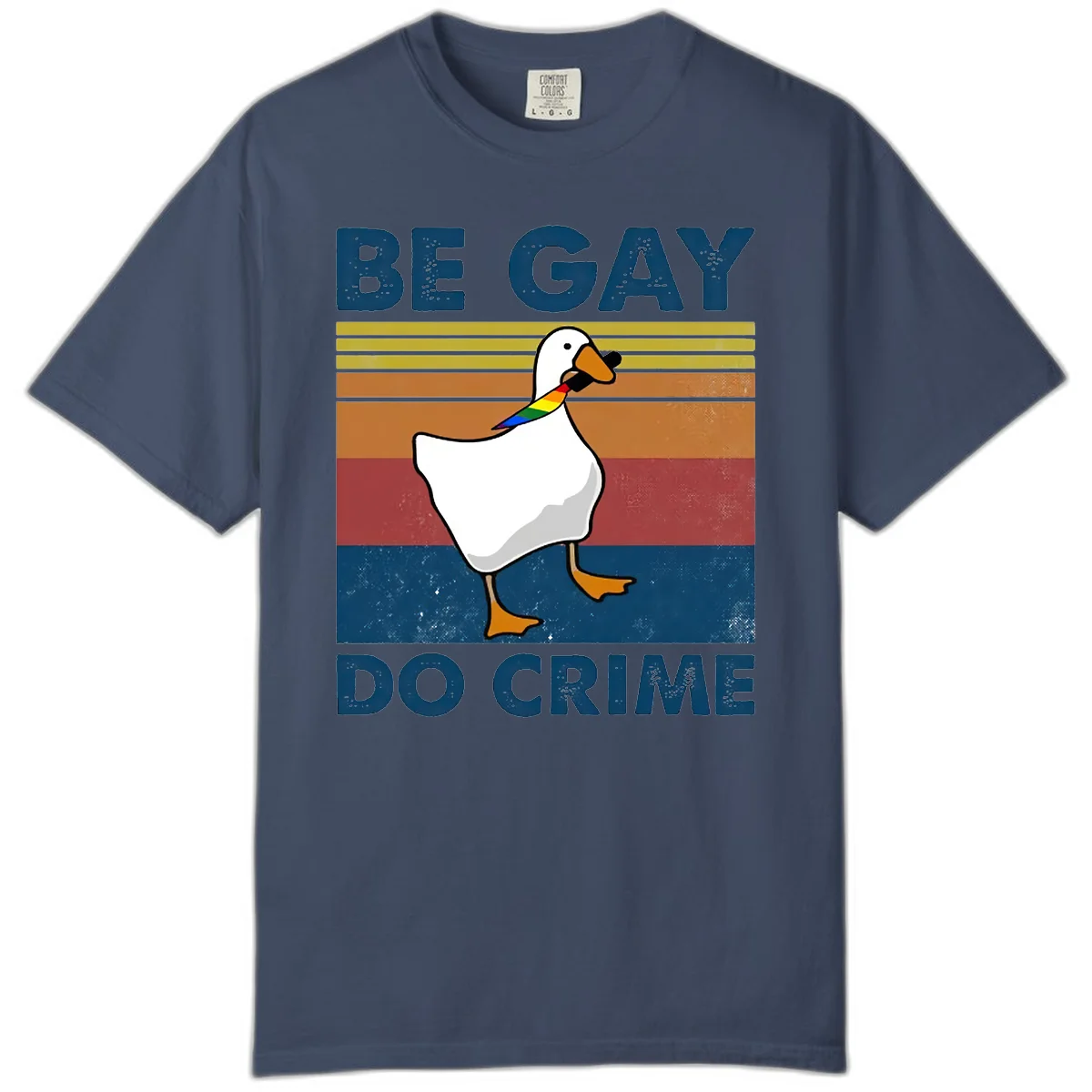 White duck with rainbow wing on retro striped background with 'Be Gay Do Crime' text, pride design in Midnight