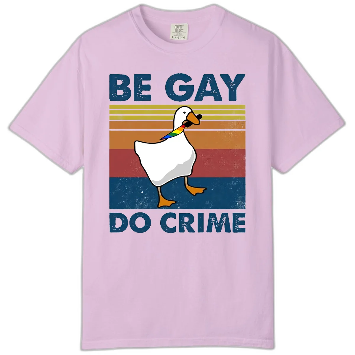 White duck with rainbow wing on retro striped background with 'Be Gay Do Crime' text, pride design in Orchid