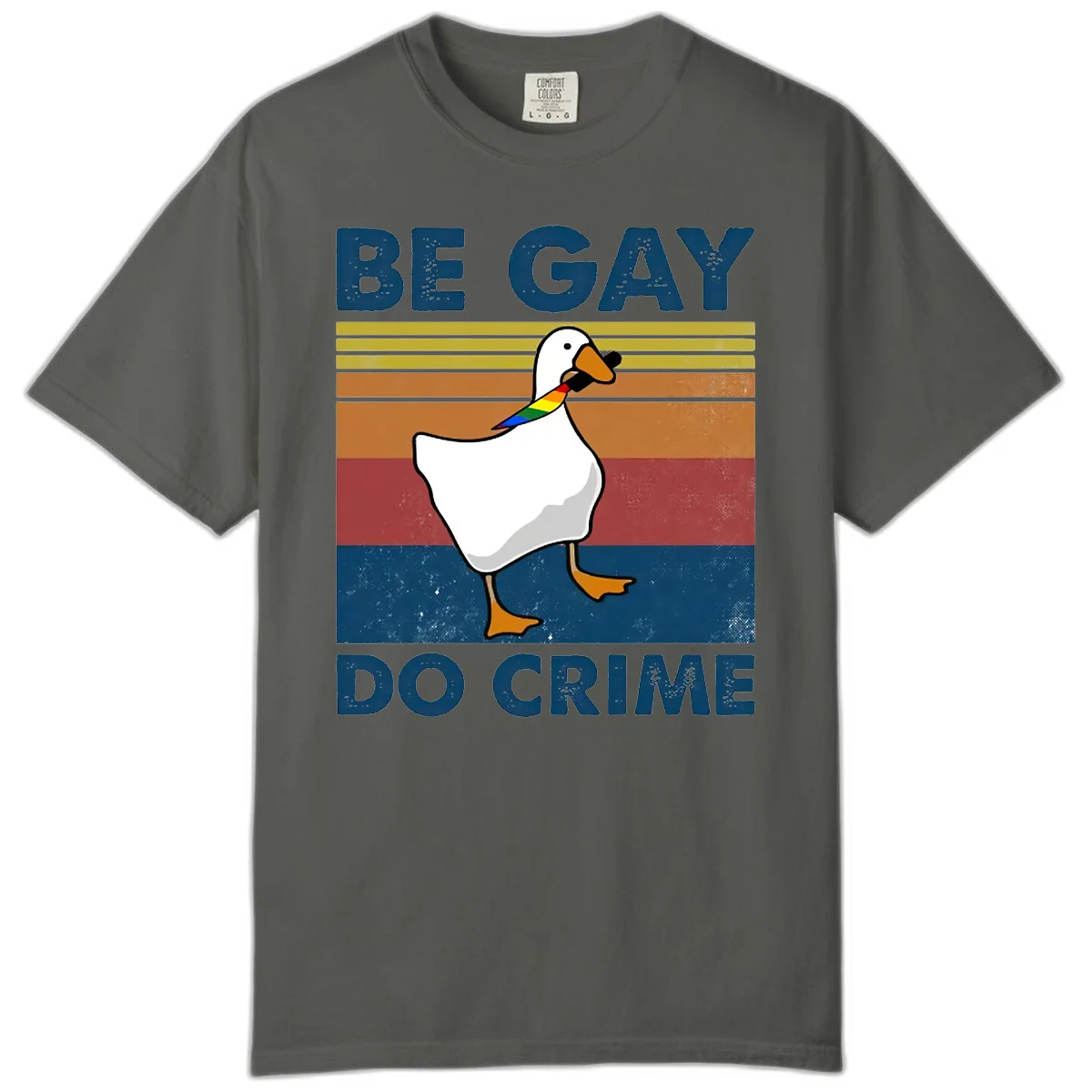 White duck with rainbow wing on retro striped background with 'Be Gay Do Crime' text, pride design in Pepper