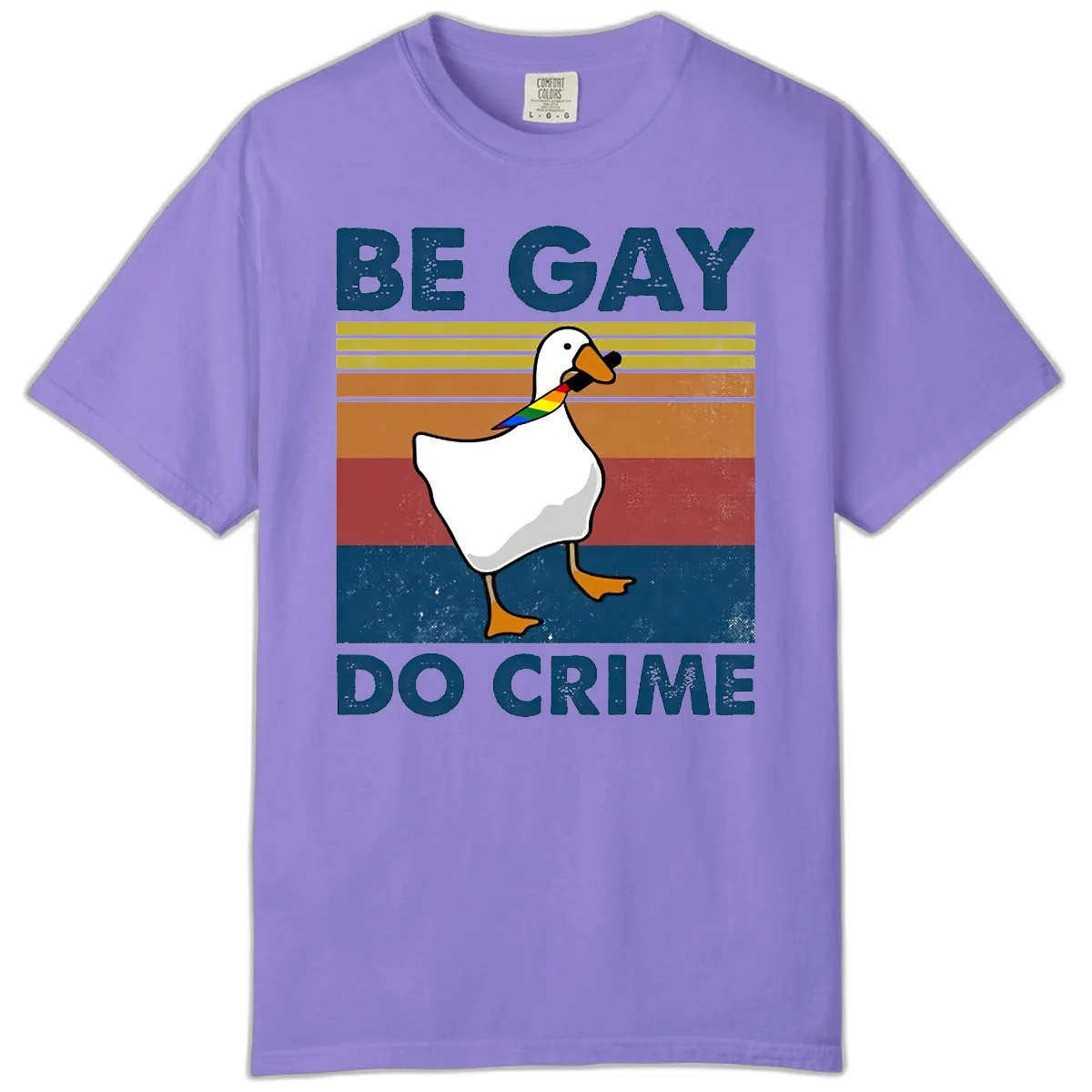 White duck with rainbow wing on retro striped background with 'Be Gay Do Crime' text, pride design in Violet