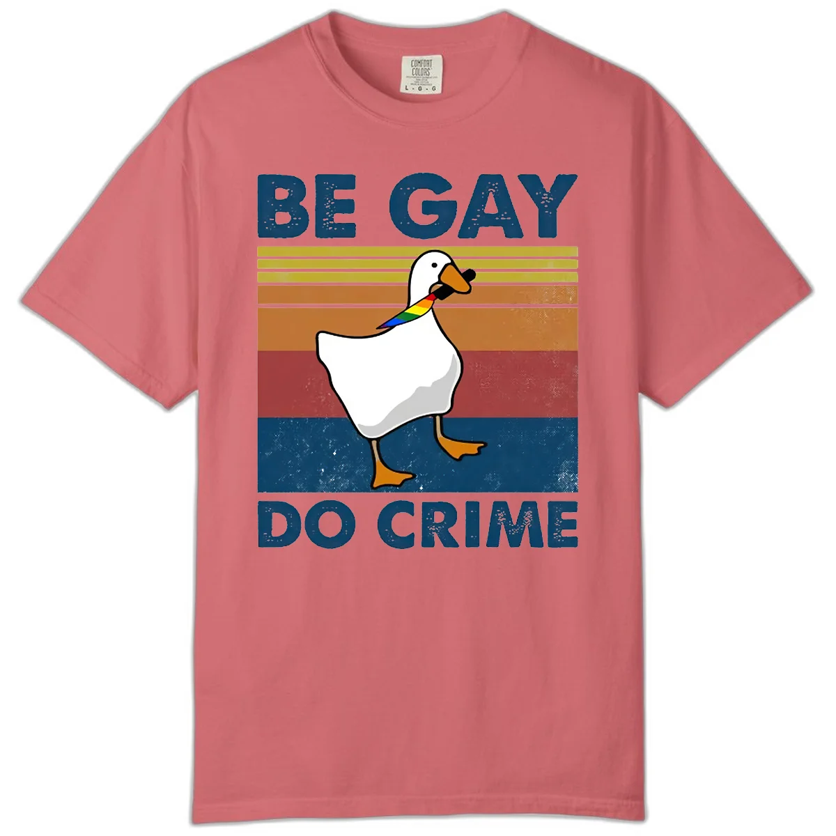 White duck with rainbow wing on retro striped background with 'Be Gay Do Crime' text, pride design in Watermelon