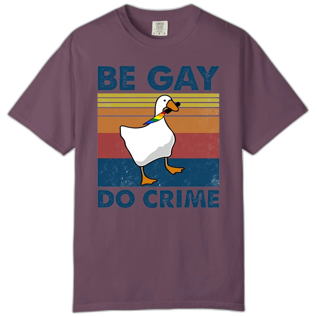 White duck with rainbow wing on retro striped background with 'Be Gay Do Crime' text, pride design in Berry