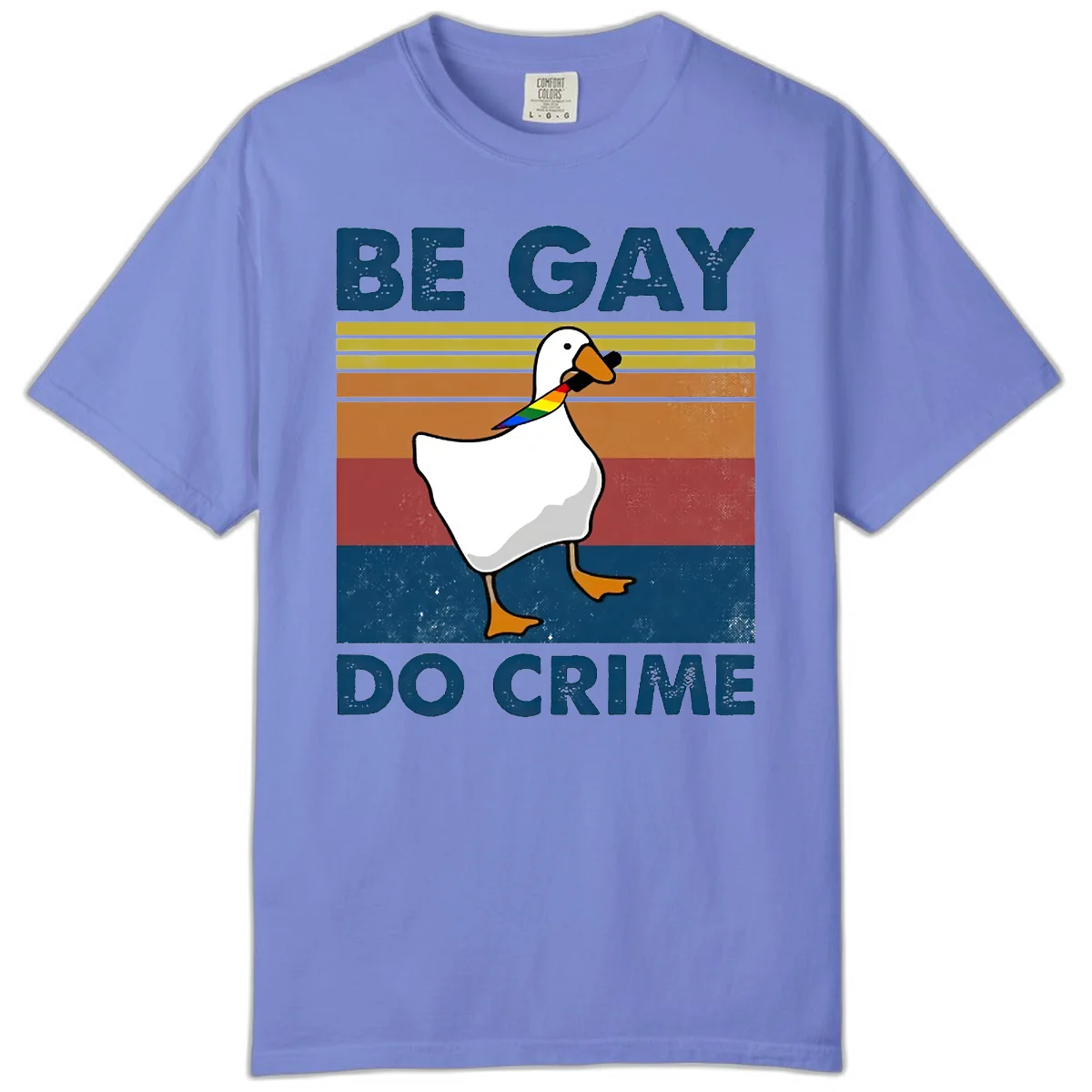White duck with rainbow wing on retro striped background with 'Be Gay Do Crime' text, pride design in Flo Blue
