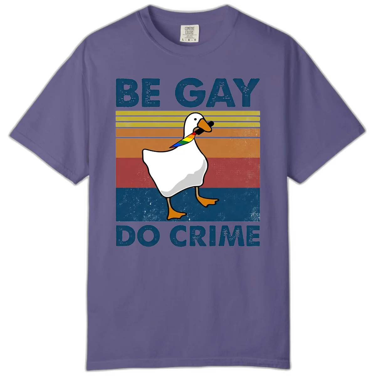 White duck with rainbow wing on retro striped background with 'Be Gay Do Crime' text, pride design in Grape