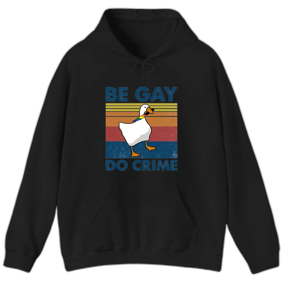 White duck with rainbow wing on retro striped background with 'Be Gay Do Crime' text, pride design in Black
