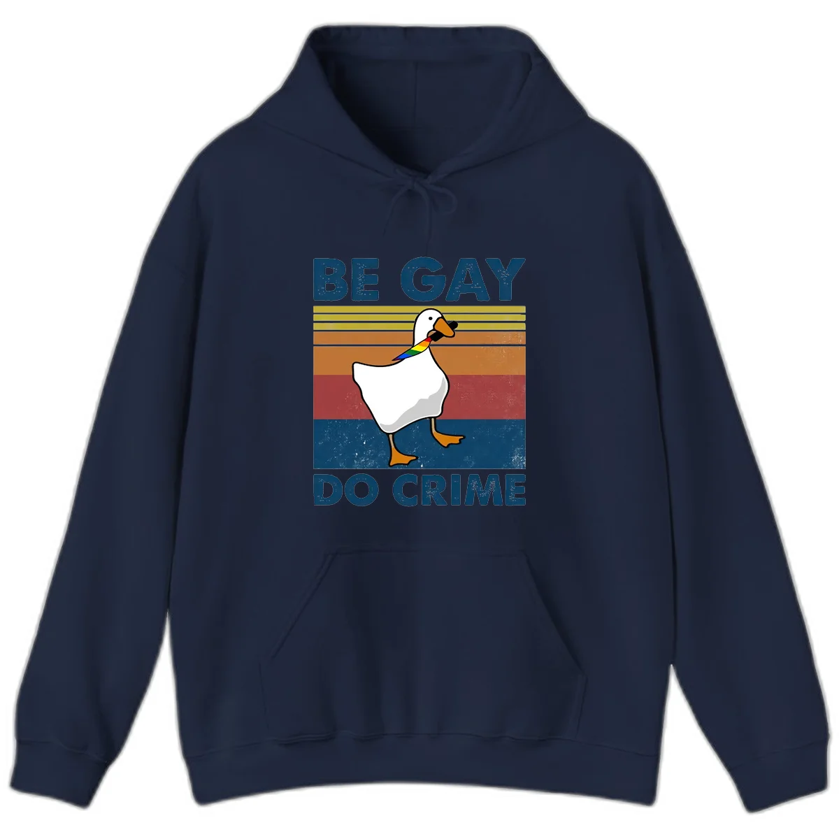 White duck with rainbow wing on retro striped background with 'Be Gay Do Crime' text, pride design in Navy