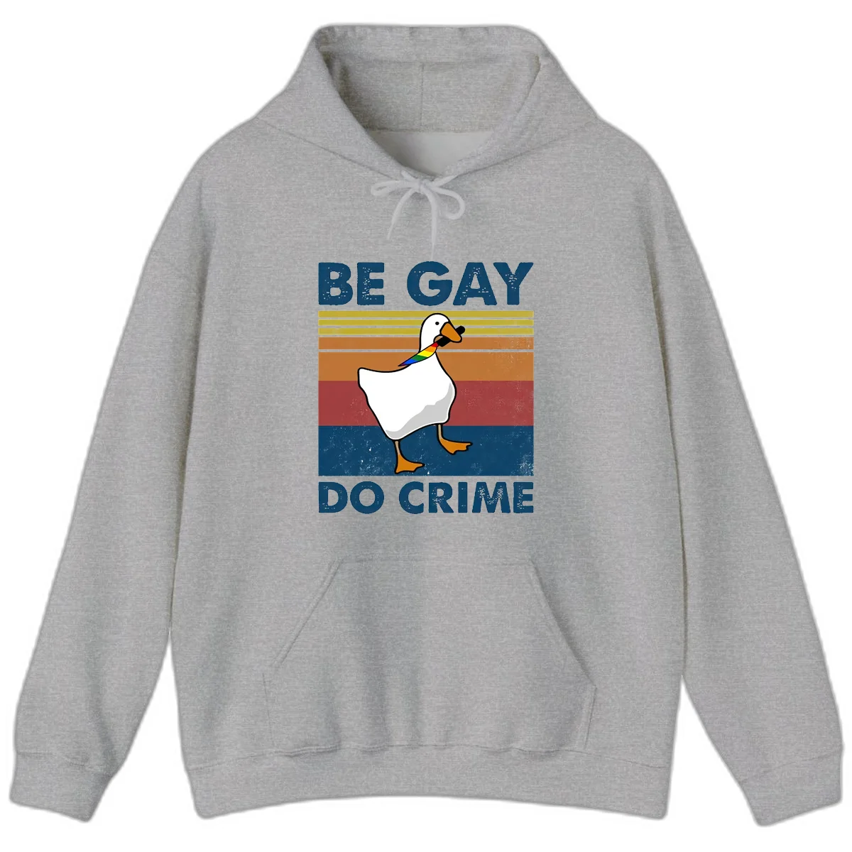 White duck with rainbow wing on retro striped background with 'Be Gay Do Crime' text, pride design in Sport Grey