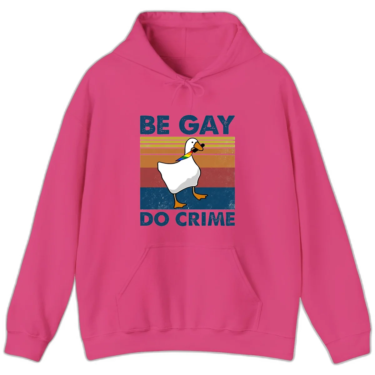 White duck with rainbow wing on retro striped background with 'Be Gay Do Crime' text, pride design in Heliconia