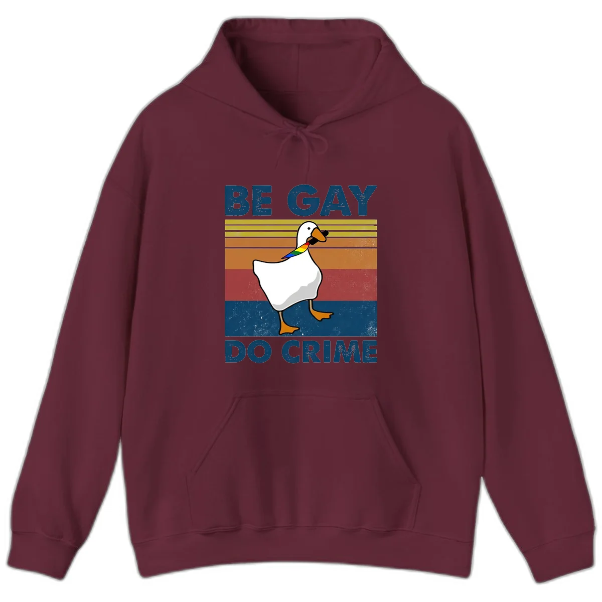 White duck with rainbow wing on retro striped background with 'Be Gay Do Crime' text, pride design in Maroon