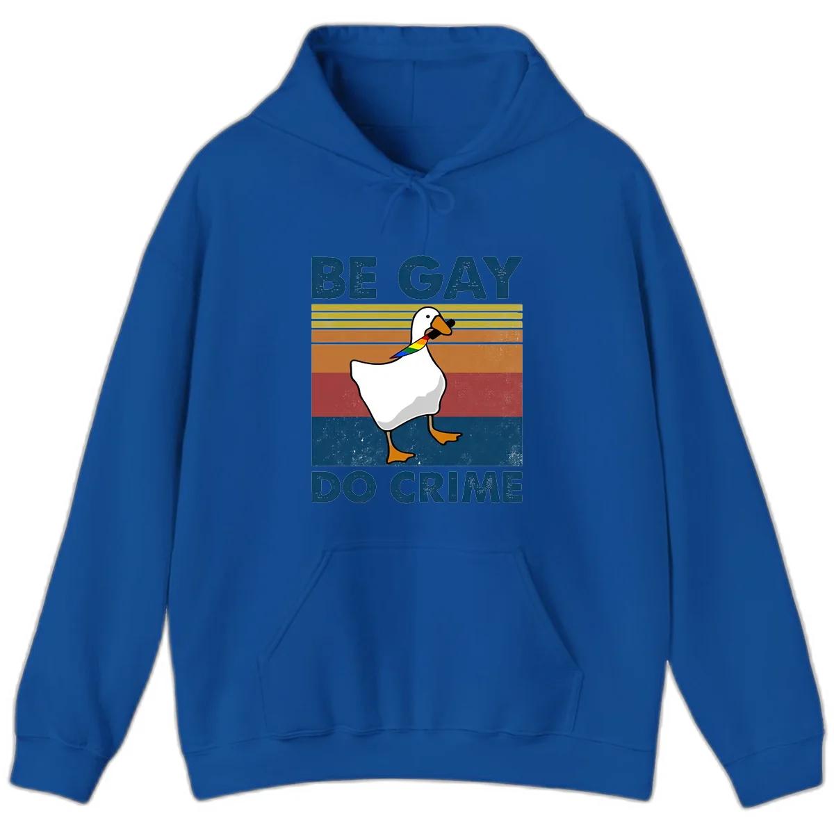 White duck with rainbow wing on retro striped background with 'Be Gay Do Crime' text, pride design in Royal