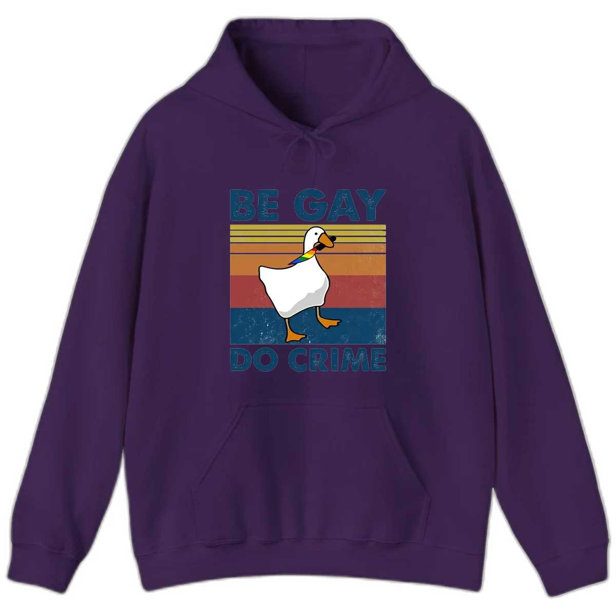White duck with rainbow wing on retro striped background with 'Be Gay Do Crime' text, pride design in Purple