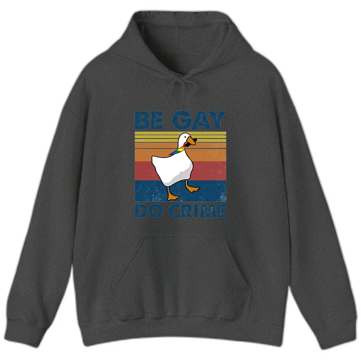 White duck with rainbow wing on retro striped background with 'Be Gay Do Crime' text, pride design in Dark Heather