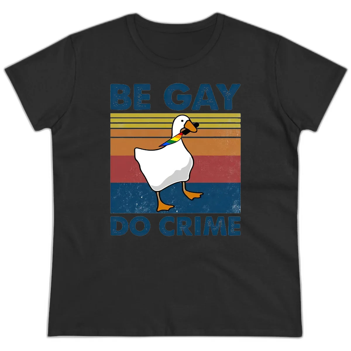 White duck with rainbow wing on retro striped background with 'Be Gay Do Crime' text, pride design in Black