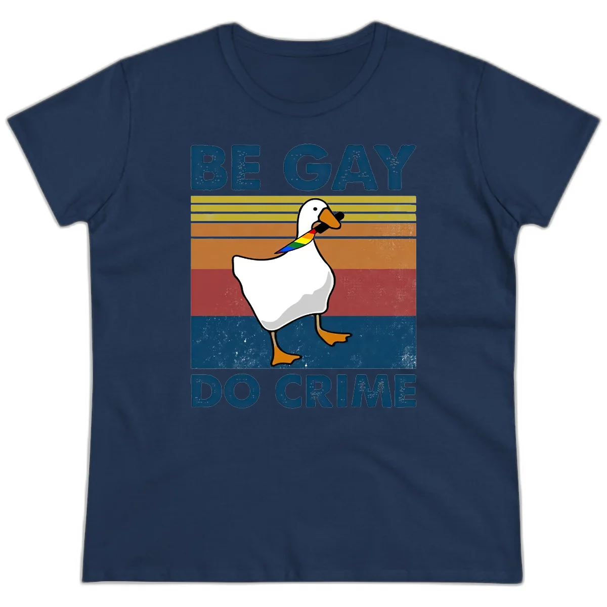White duck with rainbow wing on retro striped background with 'Be Gay Do Crime' text, pride design in Navy