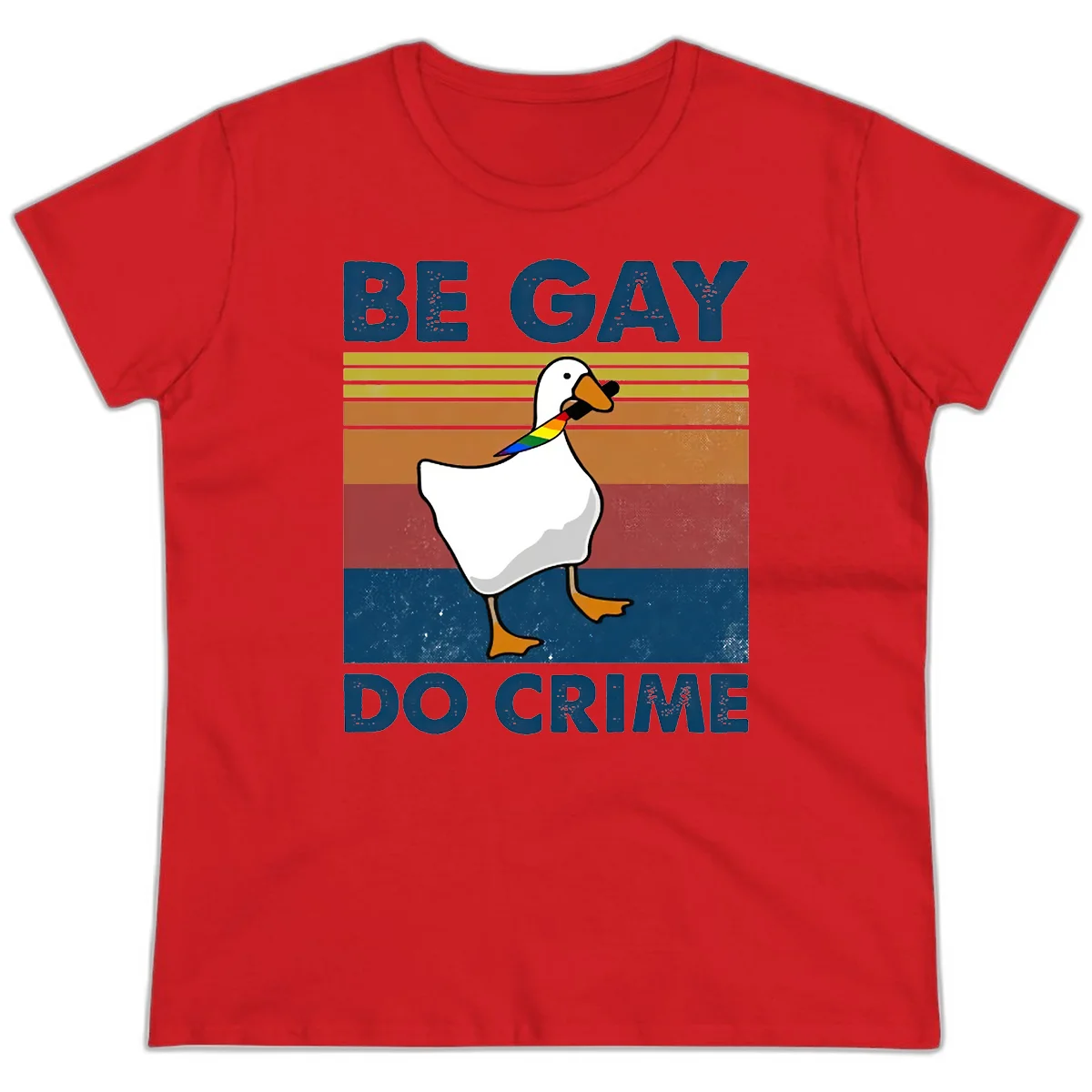 White duck with rainbow wing on retro striped background with 'Be Gay Do Crime' text, pride design in Red