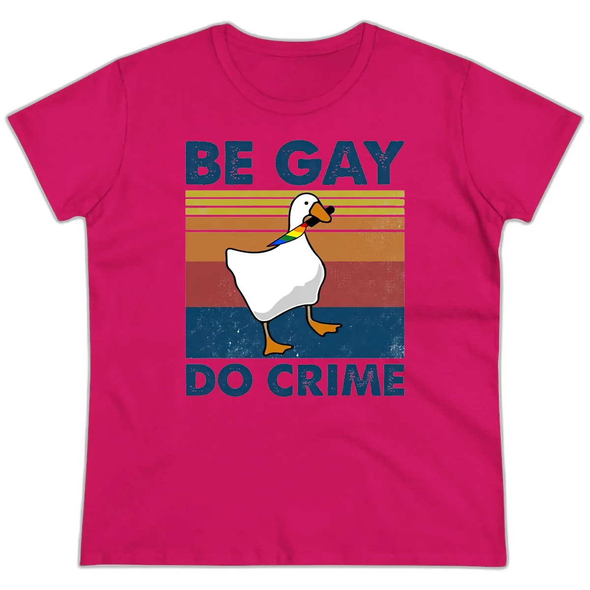 White duck with rainbow wing on retro striped background with 'Be Gay Do Crime' text, pride design in Heliconia