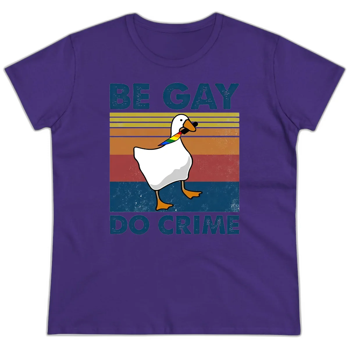 White duck with rainbow wing on retro striped background with 'Be Gay Do Crime' text, pride design in Purple