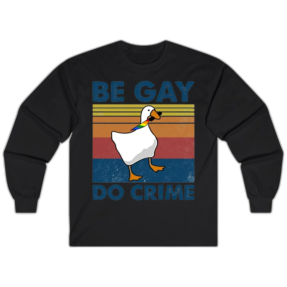 White duck with rainbow wing on retro striped background with 'Be Gay Do Crime' text, pride design in Black