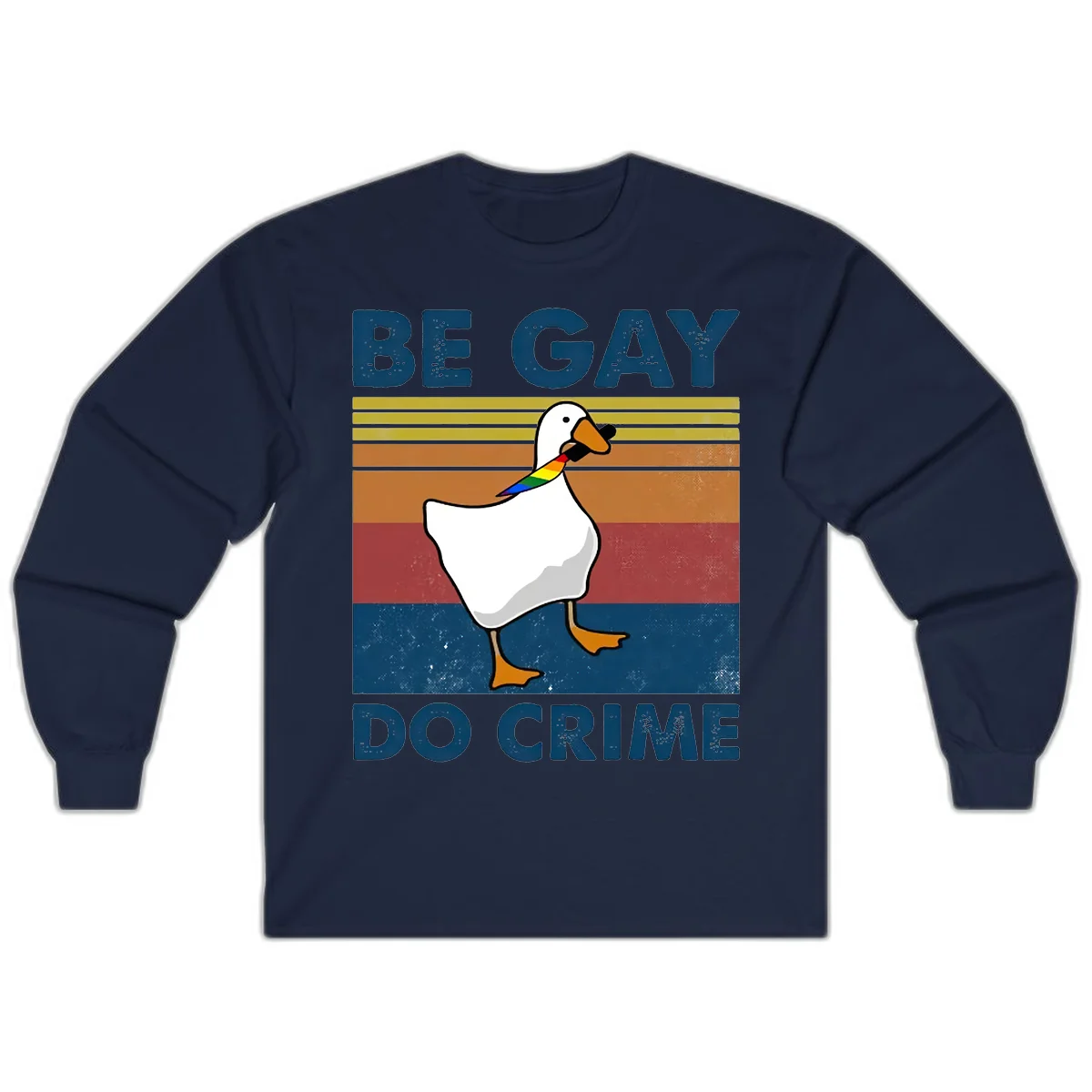White duck with rainbow wing on retro striped background with 'Be Gay Do Crime' text, pride design in Navy