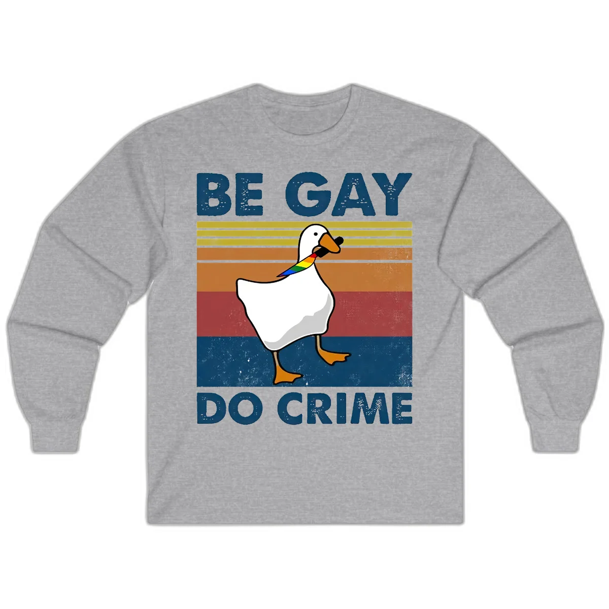 White duck with rainbow wing on retro striped background with 'Be Gay Do Crime' text, pride design in Sport Grey