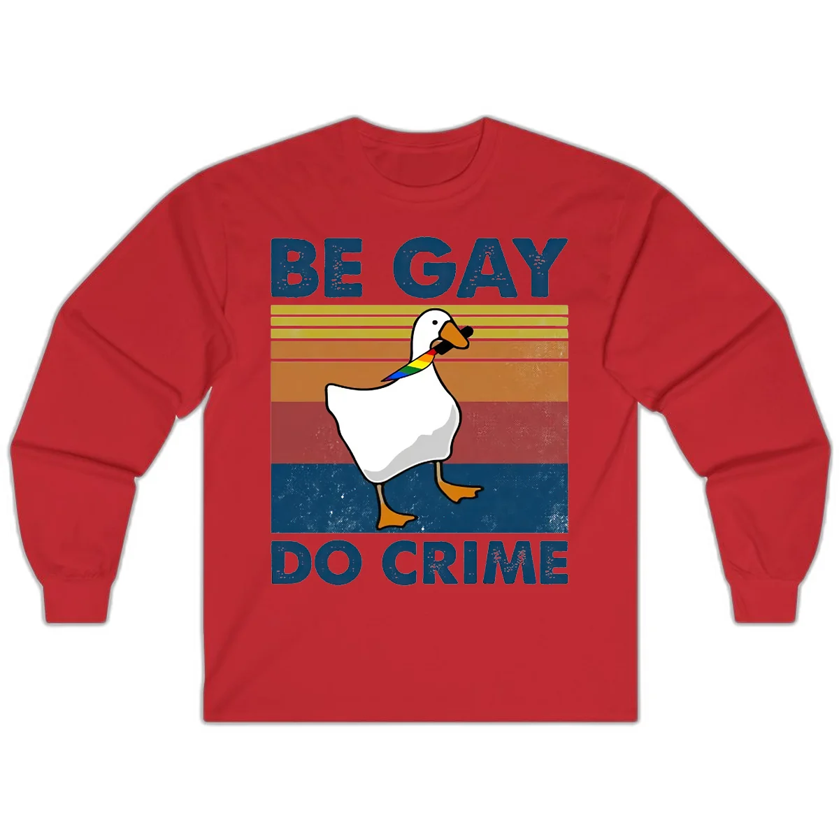 White duck with rainbow wing on retro striped background with 'Be Gay Do Crime' text, pride design in Red