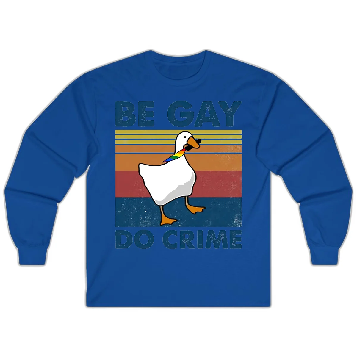 White duck with rainbow wing on retro striped background with 'Be Gay Do Crime' text, pride design in Royal