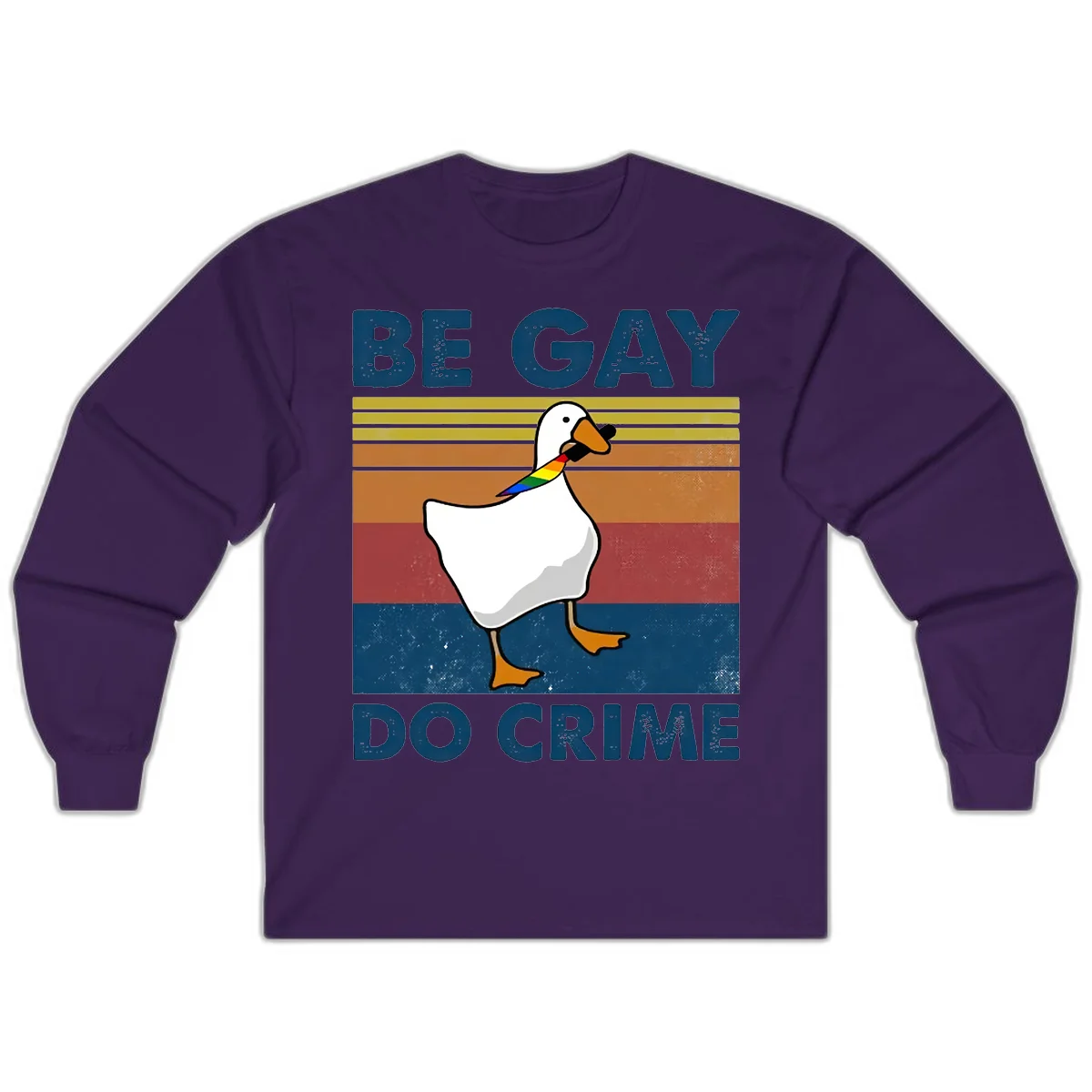 White duck with rainbow wing on retro striped background with 'Be Gay Do Crime' text, pride design in Purple