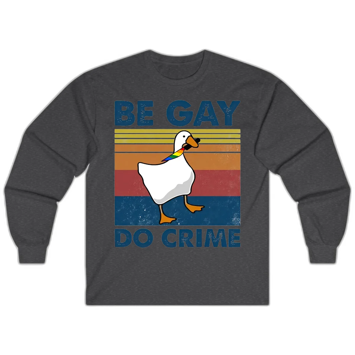 White duck with rainbow wing on retro striped background with 'Be Gay Do Crime' text, pride design in Dark Heather