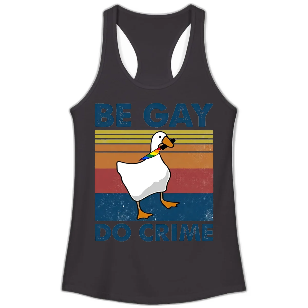 White duck with rainbow wing on retro striped background with 'Be Gay Do Crime' text, pride design in Black