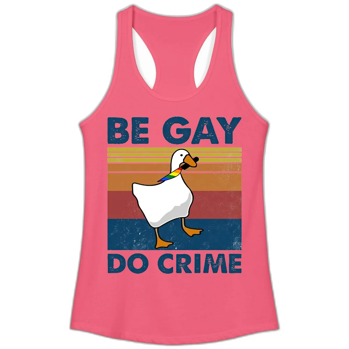 White duck with rainbow wing on retro striped background with 'Be Gay Do Crime' text, pride design in Hot Pink
