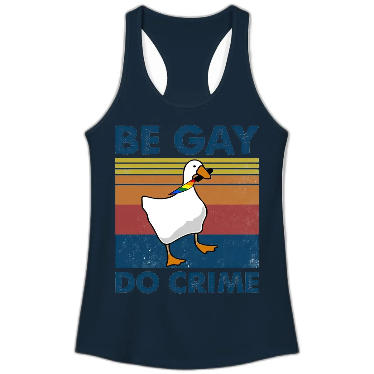 White duck with rainbow wing on retro striped background with 'Be Gay Do Crime' text, pride design in Solid Midnight Navy