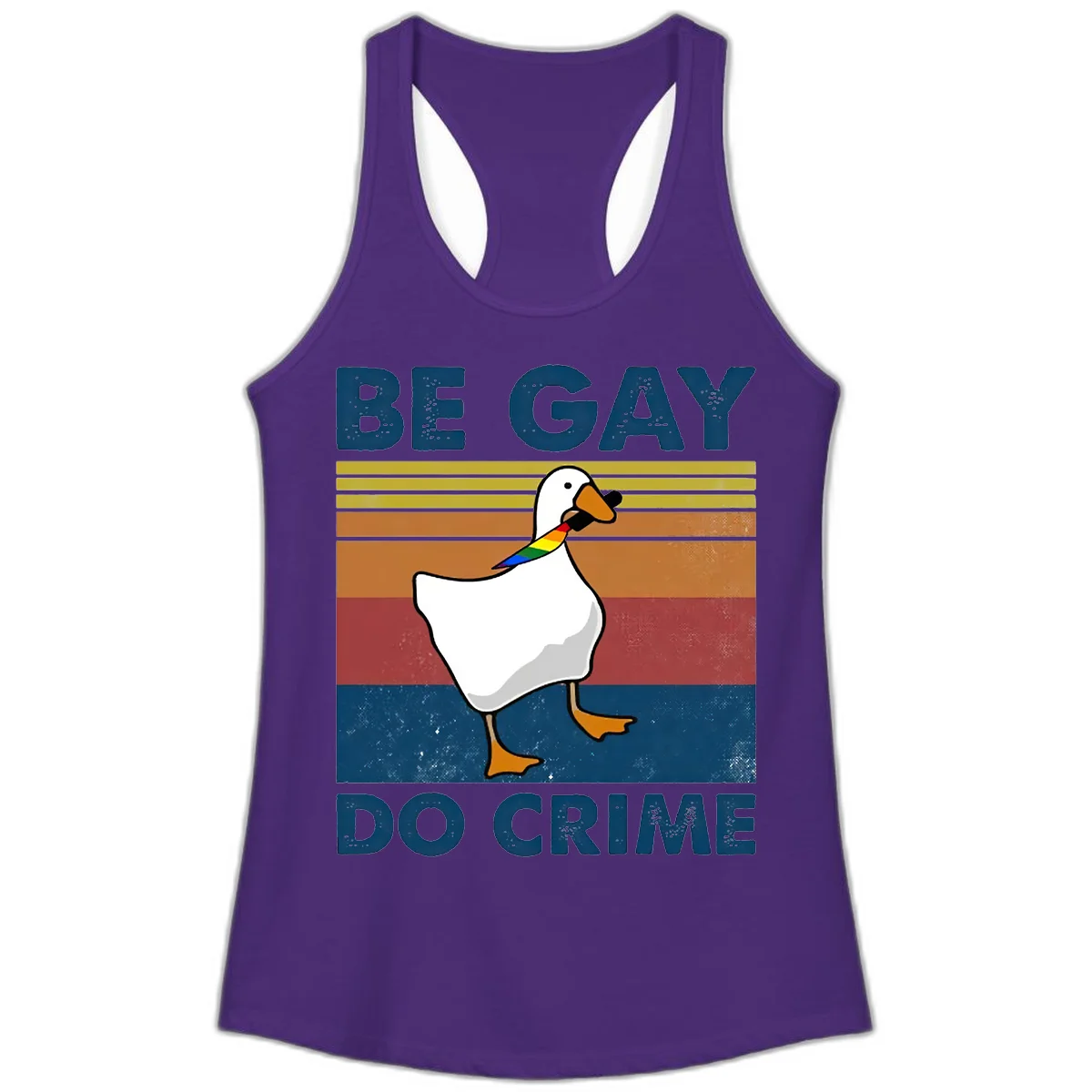 White duck with rainbow wing on retro striped background with 'Be Gay Do Crime' text, pride design in Solid Purple Rush