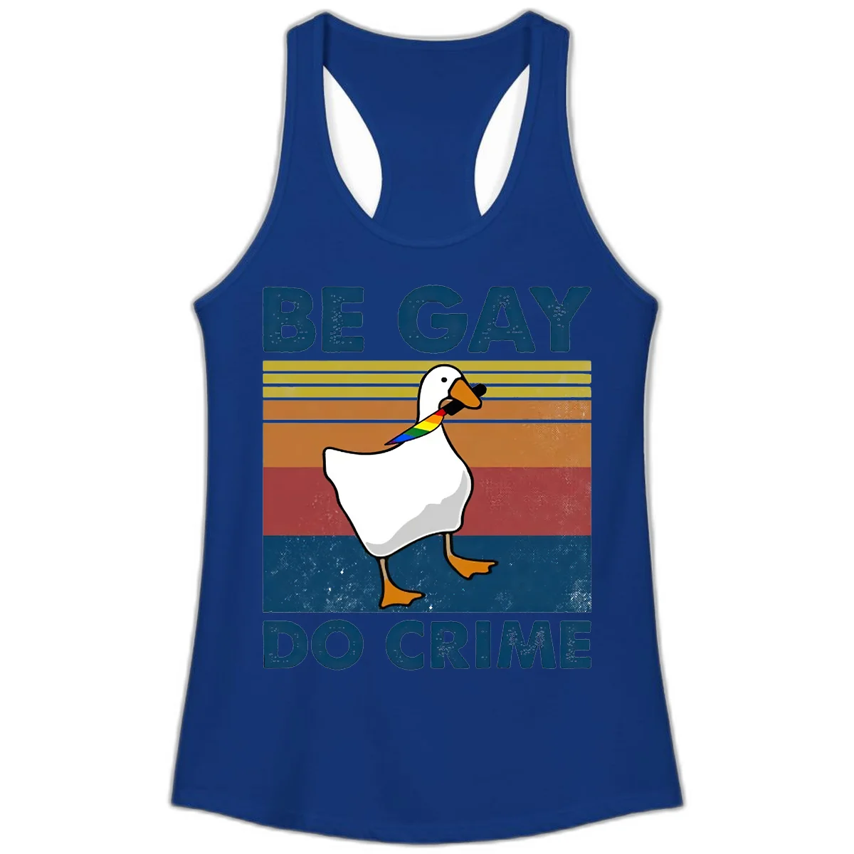 White duck with rainbow wing on retro striped background with 'Be Gay Do Crime' text, pride design in Solid Royal