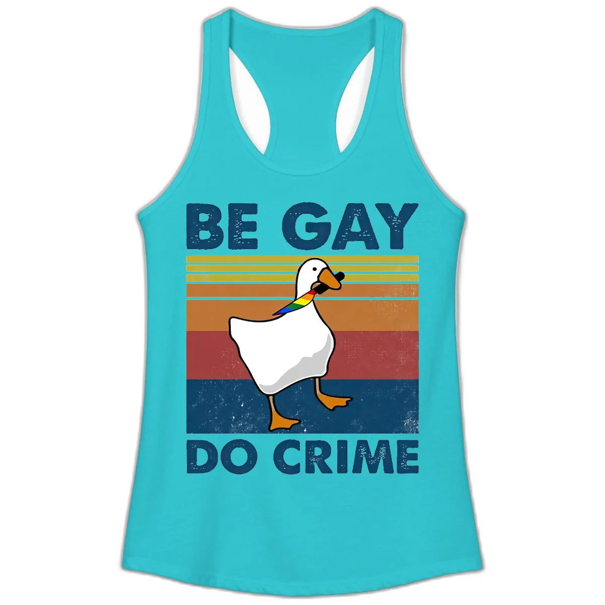White duck with rainbow wing on retro striped background with 'Be Gay Do Crime' text, pride design in Solid Tahiti Blue
