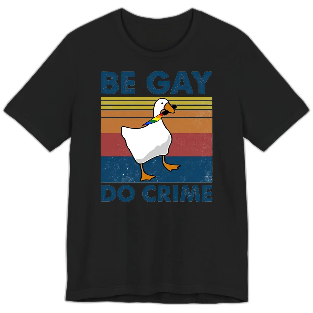 White duck with rainbow wing on retro striped background with 'Be Gay Do Crime' text, pride design in Black