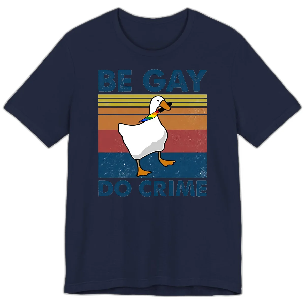 White duck with rainbow wing on retro striped background with 'Be Gay Do Crime' text, pride design in Navy
