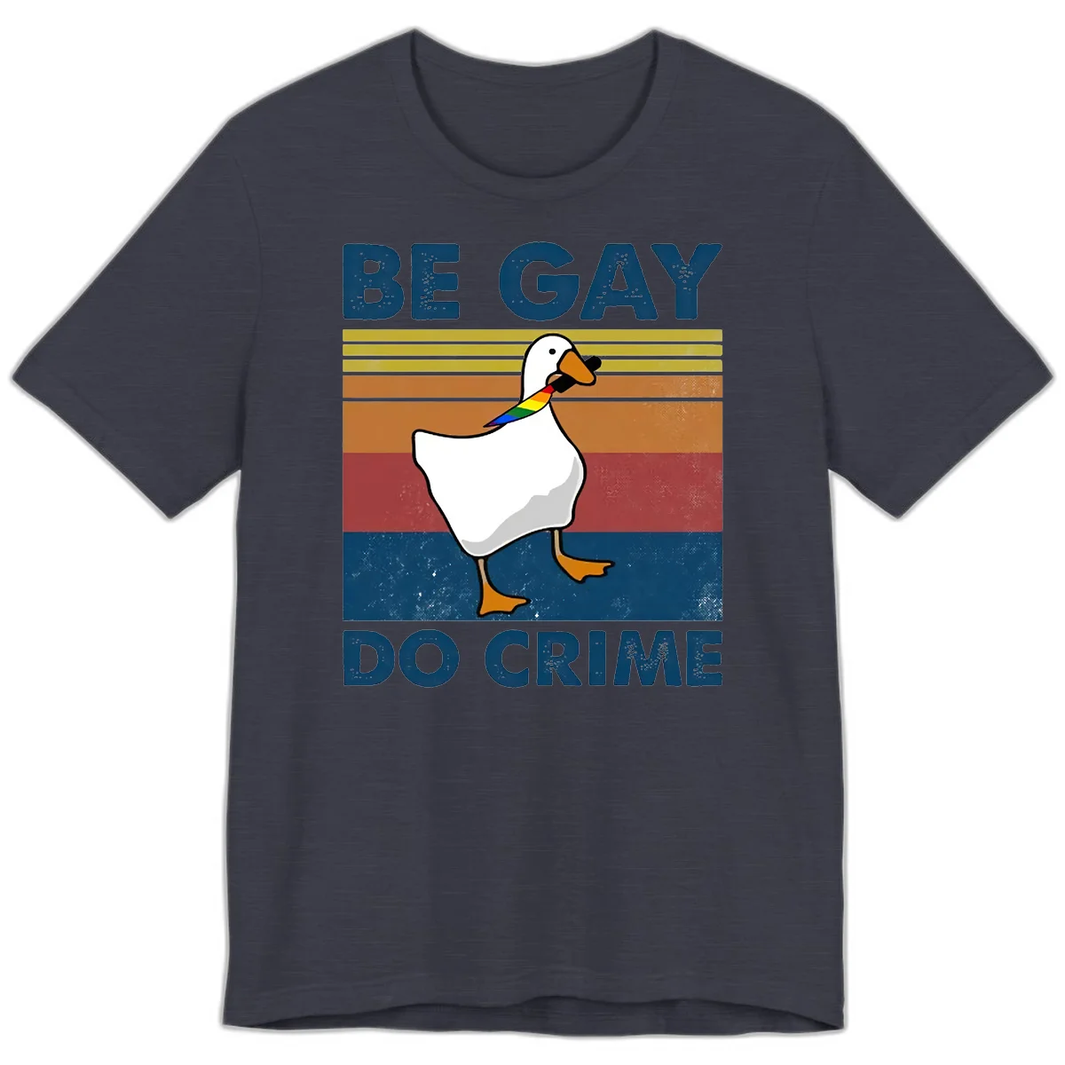 White duck with rainbow wing on retro striped background with 'Be Gay Do Crime' text, pride design in Heather Midnight Navy