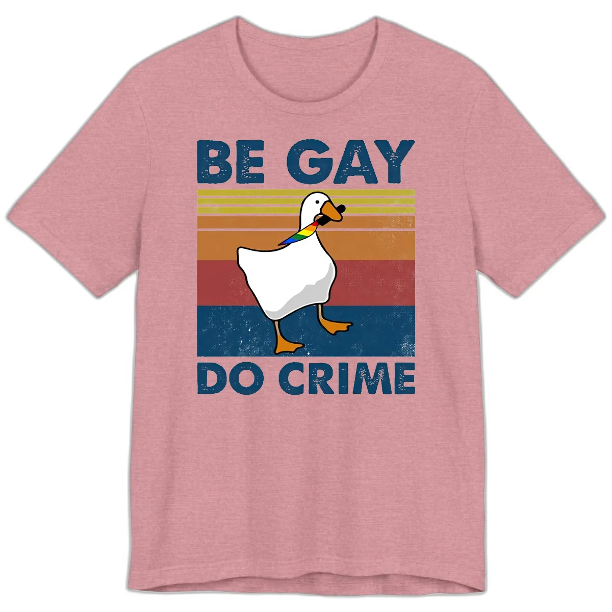 White duck with rainbow wing on retro striped background with 'Be Gay Do Crime' text, pride design in Heather Orchid
