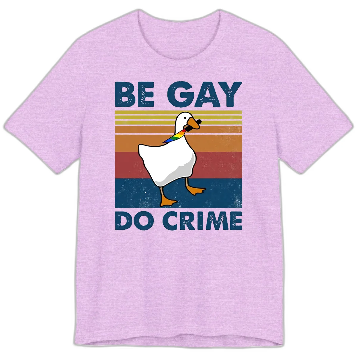 White duck with rainbow wing on retro striped background with 'Be Gay Do Crime' text, pride design in Heather Prism Lilac