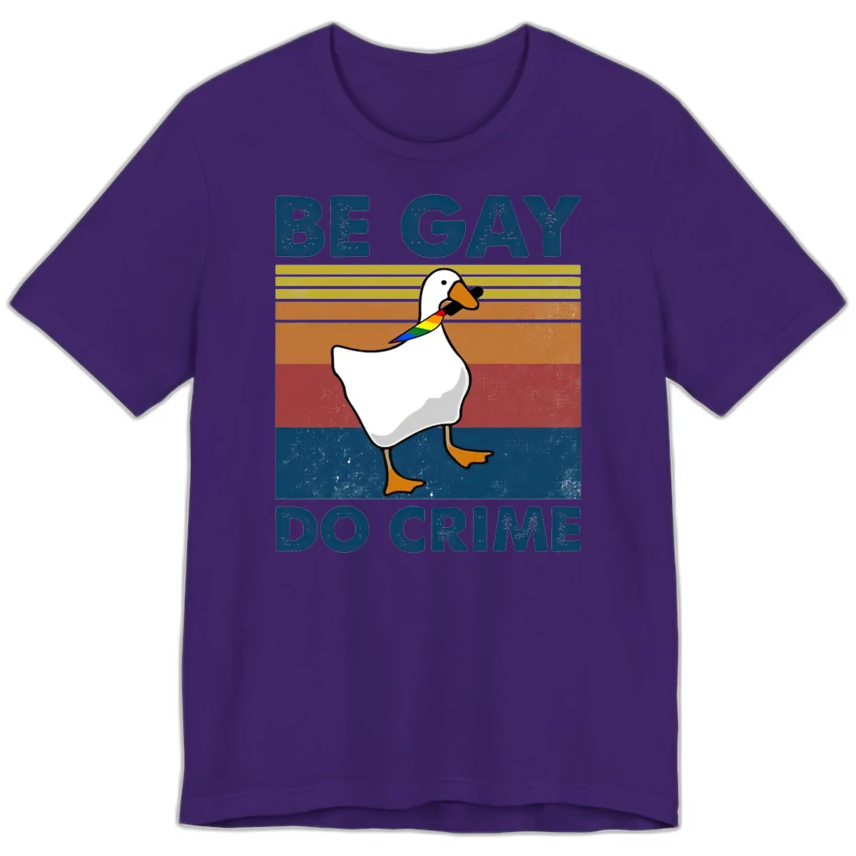 White duck with rainbow wing on retro striped background with 'Be Gay Do Crime' text, pride design in Team Purple