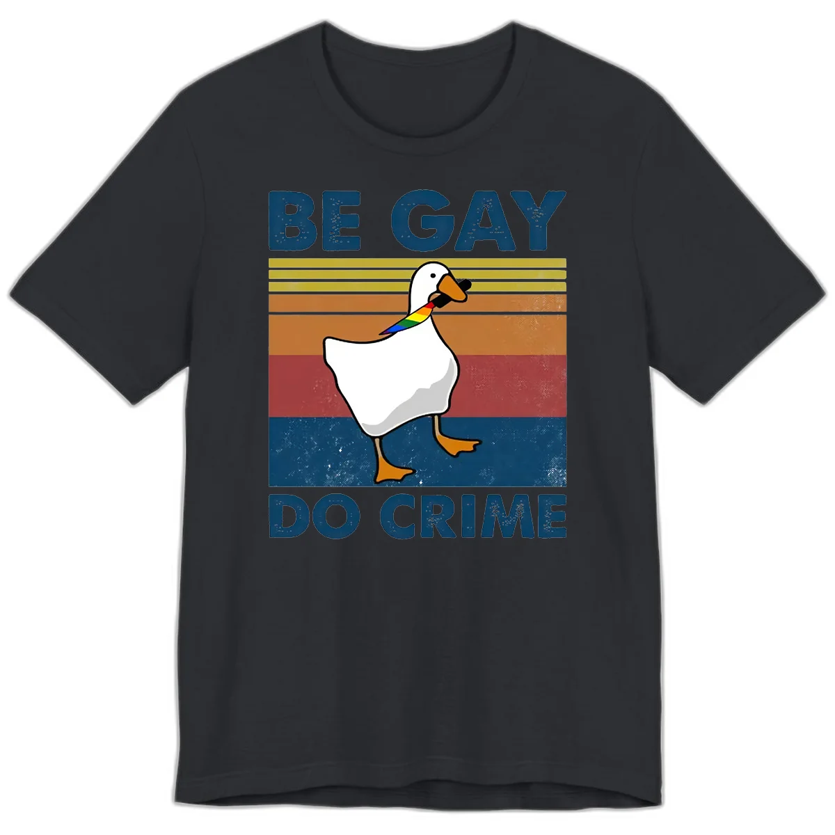 White duck with rainbow wing on retro striped background with 'Be Gay Do Crime' text, pride design in Vintage Black