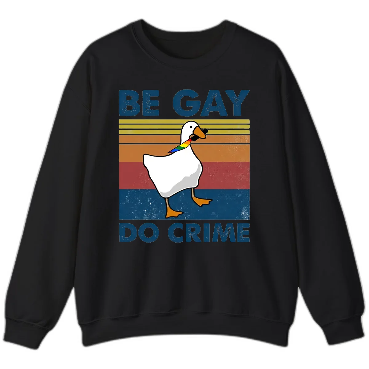 White duck with rainbow wing on retro striped background with 'Be Gay Do Crime' text, pride design in Black