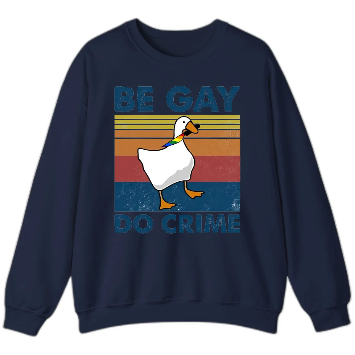 White duck with rainbow wing on retro striped background with 'Be Gay Do Crime' text, pride design in Navy