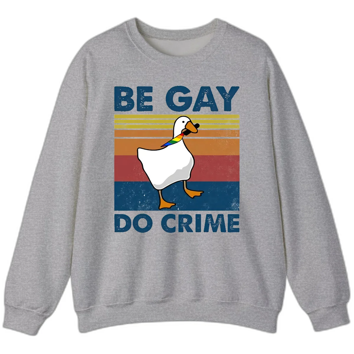 White duck with rainbow wing on retro striped background with 'Be Gay Do Crime' text, pride design in Sport Grey