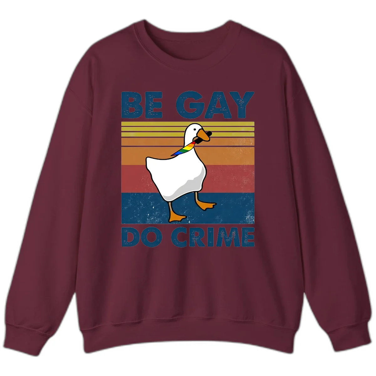 White duck with rainbow wing on retro striped background with 'Be Gay Do Crime' text, pride design in Maroon