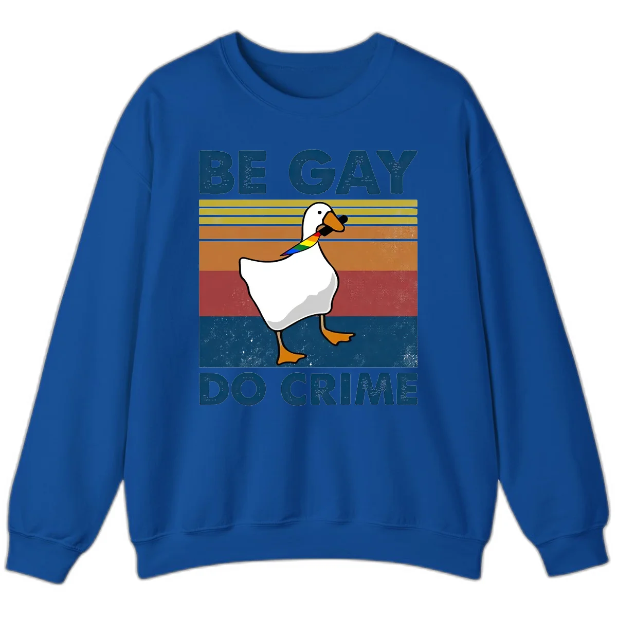 White duck with rainbow wing on retro striped background with 'Be Gay Do Crime' text, pride design in Royal