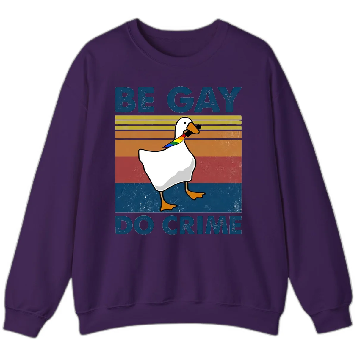 White duck with rainbow wing on retro striped background with 'Be Gay Do Crime' text, pride design in Purple
