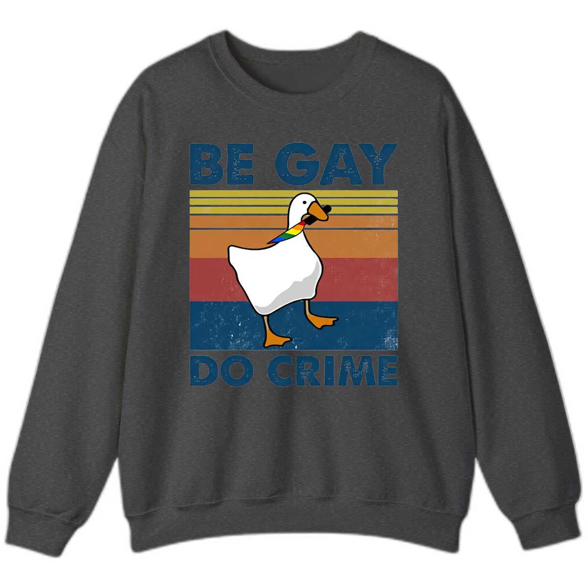 White duck with rainbow wing on retro striped background with 'Be Gay Do Crime' text, pride design in Dark Heather